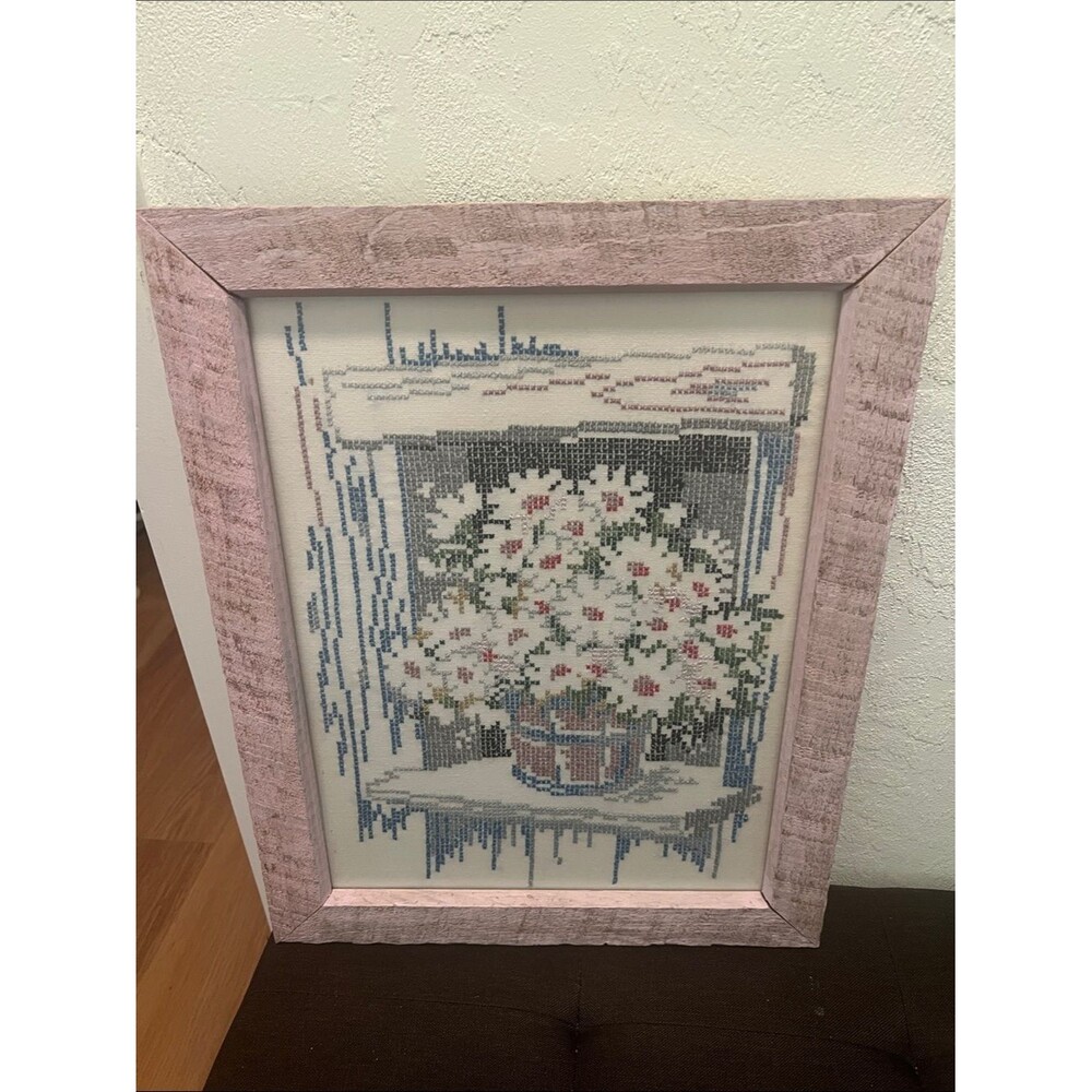 #2073* *”15x19” Framed Cross-Stitch Floral Bouquet in Pink Frame